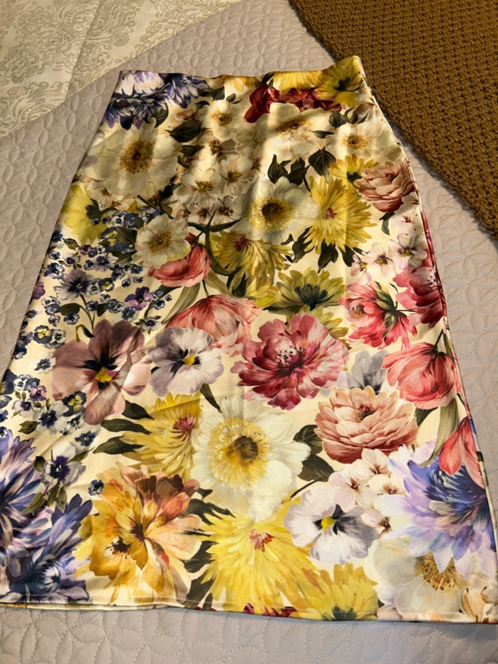 Express Floral Satin Midi Skirt - Yellow, Pink, Purple, Blue